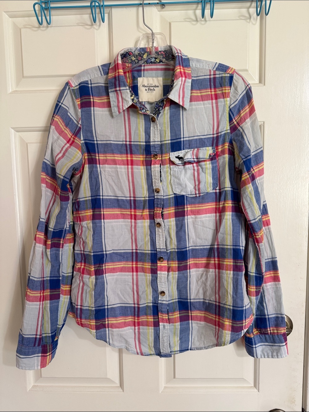 Abercrombie & Fitch Plaid Button-Down Shirt in Blue, Red, Yellow and White
